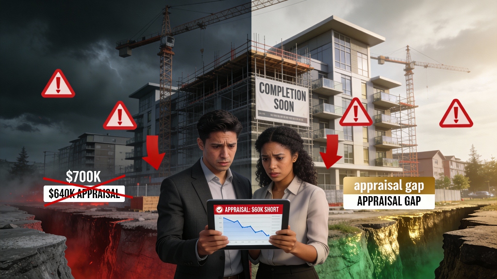 Worried couple looking at condo construction site with appraisal gap showing $60K short