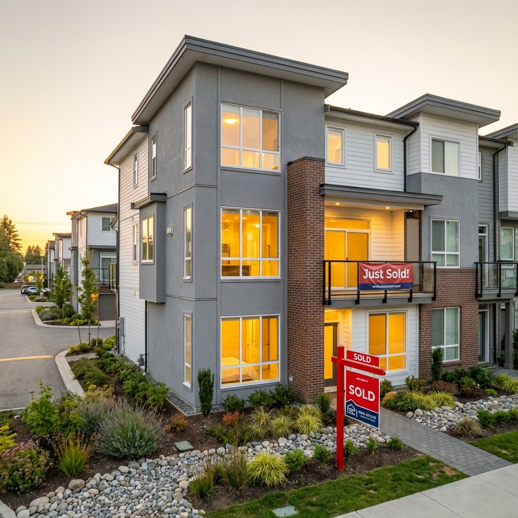 Modern townhouse in Surrey with SOLD sign - Under $1.5M you don't need 20% down anymore