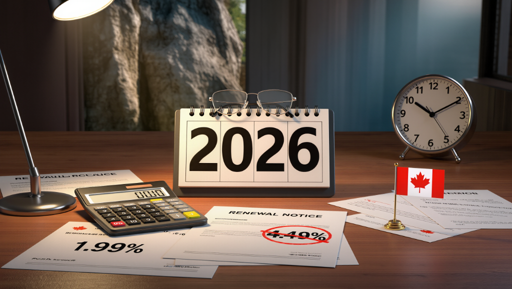 2026 calendar with glasses and calculator on mortgage renewal notice showing 1.99% to 4.49% rate change